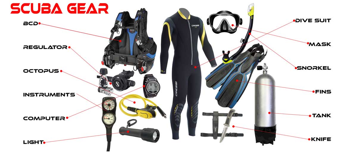 A collection of scuba diving equipment
