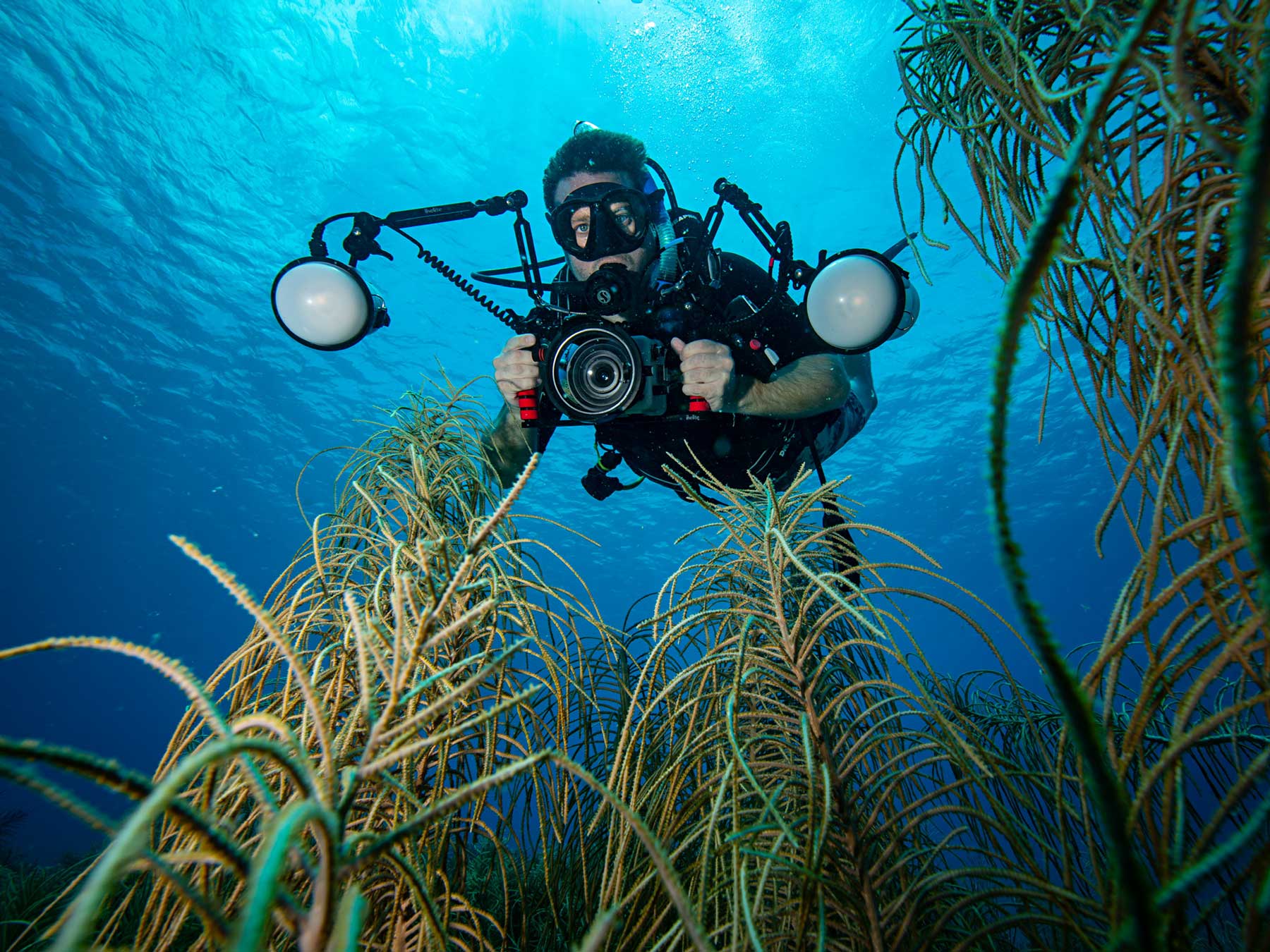 A scuba diver with an underwater camera